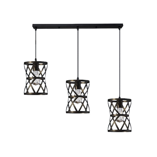 Farmhouse 3-Head Pendant Lamp: Cylindrical Metal Suspension Light With Black Cage Shade