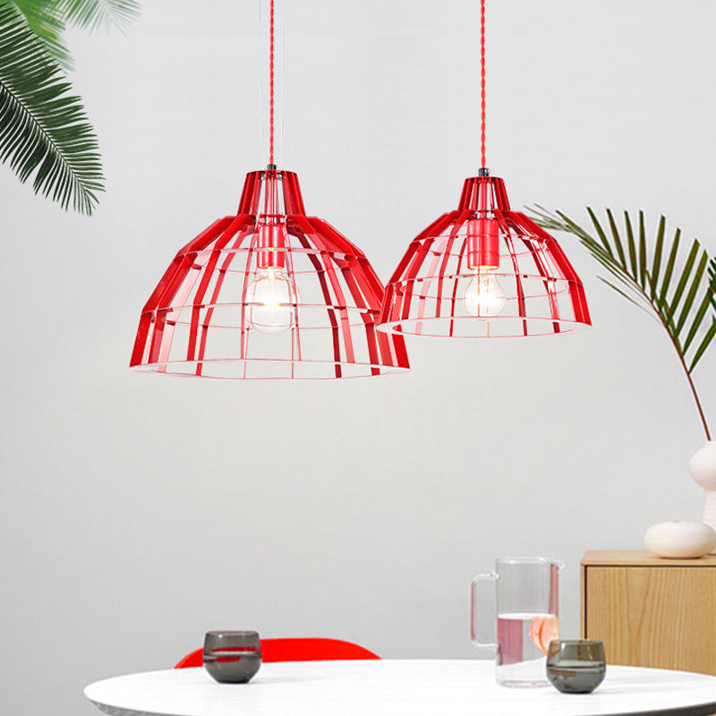 Modern Metal Caged Pendant Light With Red Dome Shade - Ideal For Restaurants