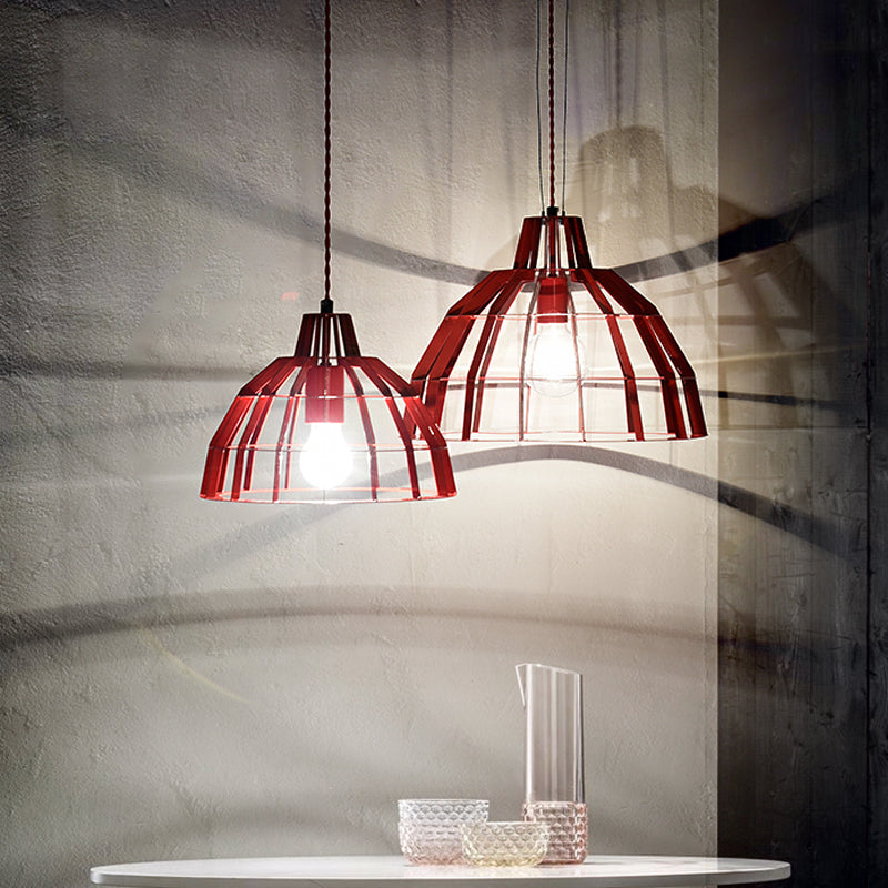 Modern Red Dome Pendant Light w/ Metal Cage - Restaurant Hanging Lamp