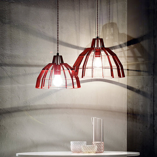 Modern Metal Caged Pendant Light With Red Dome Shade - Ideal For Restaurants