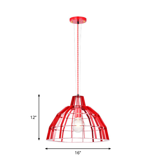 Modern Red Dome Pendant Light w/ Metal Cage - Restaurant Hanging Lamp