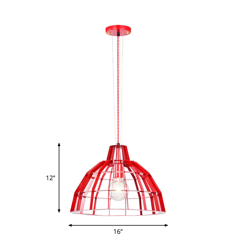 Modern Metal Caged Pendant Light With Red Dome Shade - Ideal For Restaurants