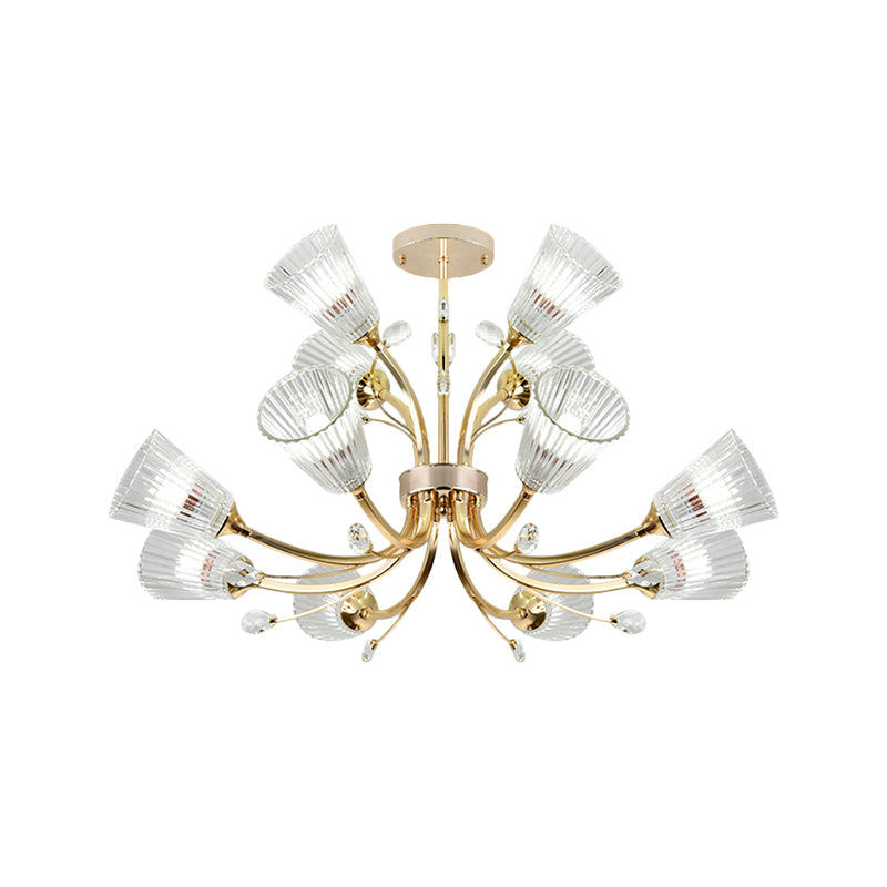 12-Light Ribbed Glass Chandelier With Crystal Accents - Gold Tapered Shade Hotel Hanging Lighting