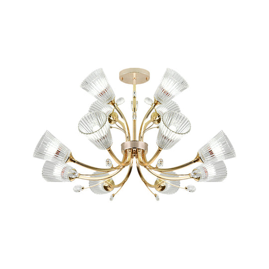 12-Light Ribbed Glass Chandelier With Crystal Accents - Gold Tapered Shade Hotel Hanging Lighting