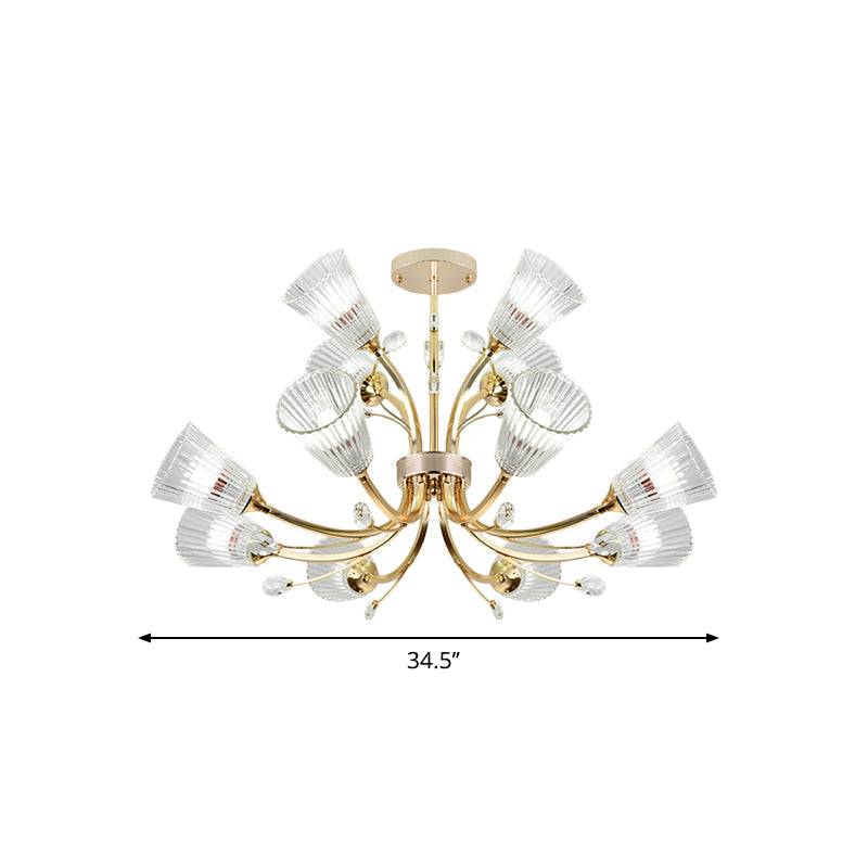 12-Light Ribbed Glass Chandelier With Crystal Accents - Gold Tapered Shade Hotel Hanging Lighting