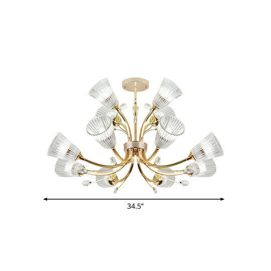 12-Light Ribbed Glass Chandelier With Crystal Accents - Gold Tapered Shade Hotel Hanging Lighting