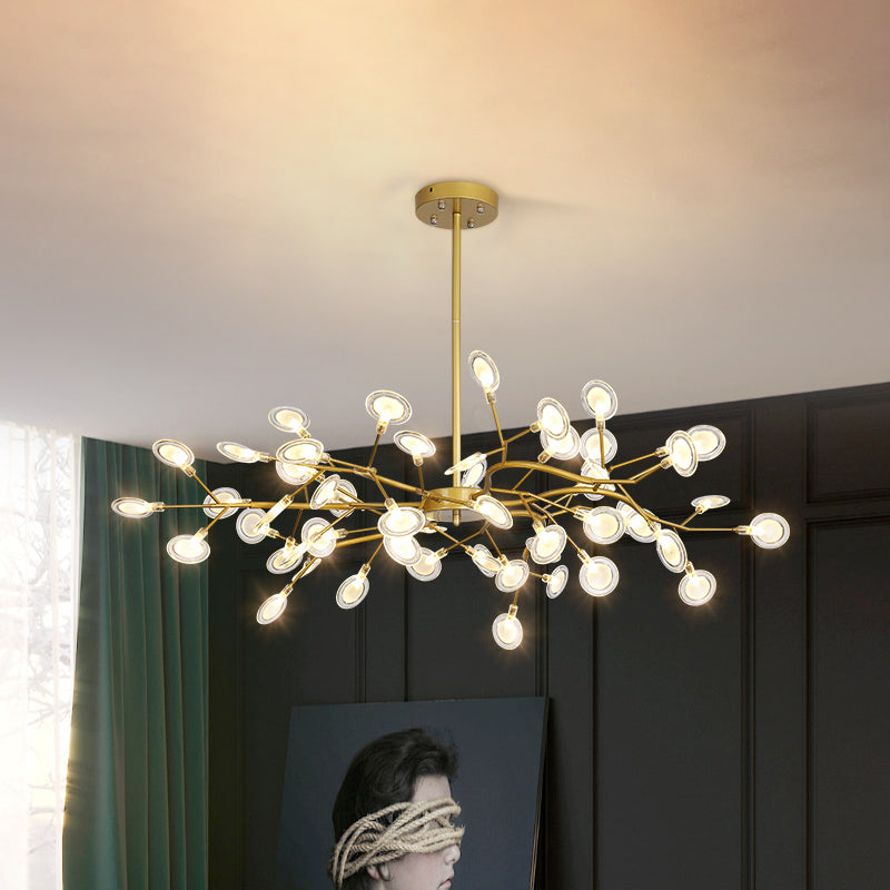 Lustre moderne avec finition dorée et suspension à bras en branches - Plafonnier en métal à plusieurs lumières