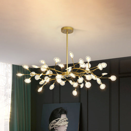 Lustre moderne avec finition dorée et suspension à bras en branches - Plafonnier en métal à plusieurs lumières