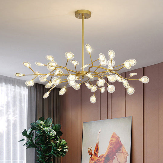 Lustre moderne avec finition dorée et suspension à bras en branches - Plafonnier en métal à plusieurs lumières