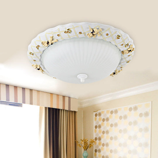 Kids Bear Flush Mount Ceiling Light For Baby Bedroom - White Fluted Glass Lamp