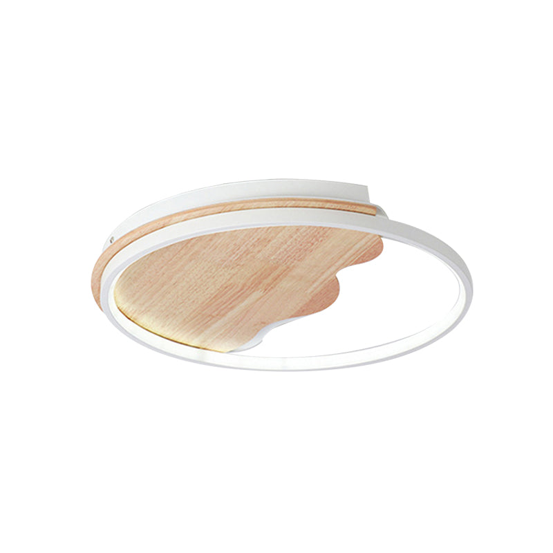 Nordic Wave Flush Ceiling Light with Wood Ring - White Ceiling Fixture for Study Room