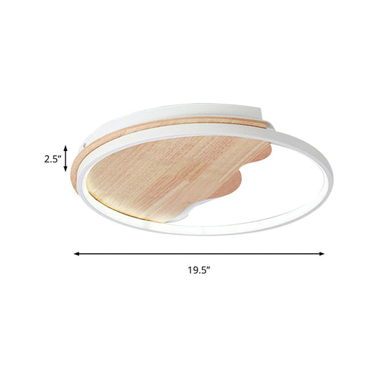 Nordic Wave Flush Ceiling Light with Wood Ring - White Ceiling Fixture for Study Room