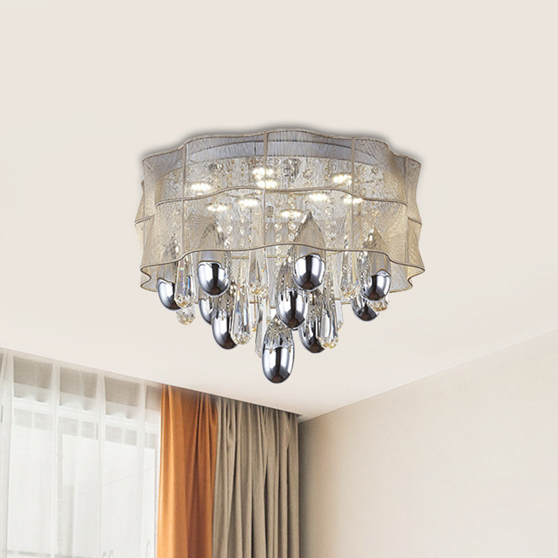 LED Flush Mount Beige Sheer Ceiling Lamp with Crystal Droplet - 20"/25.5" Wide