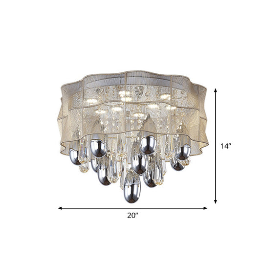 LED Flush Mount Beige Sheer Ceiling Lamp with Crystal Droplet - 20"/25.5" Wide