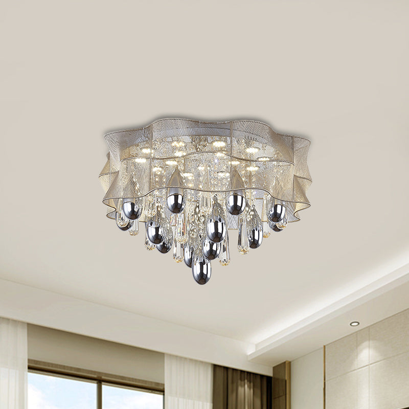 LED Flush Mount Beige Sheer Ceiling Lamp with Crystal Droplet - 20"/25.5" Wide