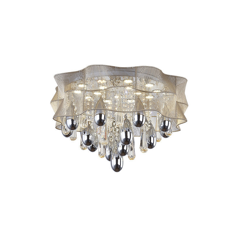 LED Flush Mount Beige Sheer Ceiling Lamp with Crystal Droplet - 20"/25.5" Wide