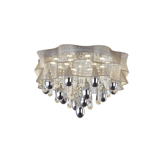 LED Flush Mount Beige Sheer Ceiling Lamp with Crystal Droplet - 20"/25.5" Wide