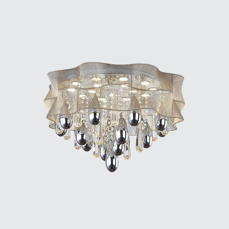 LED Flush Mount Beige Sheer Ceiling Lamp with Crystal Droplet - 20"/25.5" Wide