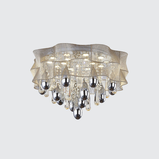 LED Flush Mount Beige Sheer Ceiling Lamp with Crystal Droplet - 20"/25.5" Wide