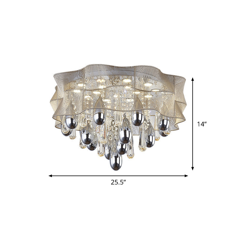 LED Flush Mount Beige Sheer Ceiling Lamp with Crystal Droplet - 20"/25.5" Wide
