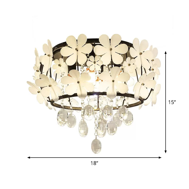 Black Drum Flush Mount Light with Nordic K9 Crystal Ball and Petal Decoration - Bedroom Ceiling Lamp (4/6-Bulb)