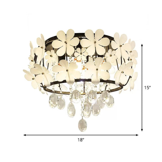 Black Drum Flush Mount Light with Nordic K9 Crystal Ball and Petal Decoration - Bedroom Ceiling Lamp (4/6-Bulb)