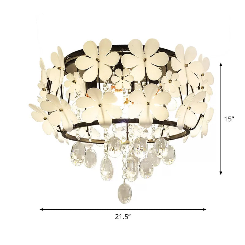 Black Drum Flush Mount Light with Nordic K9 Crystal Ball and Petal Decoration - Bedroom Ceiling Lamp (4/6-Bulb)