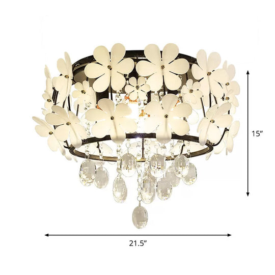 Black Drum Flush Mount Light with Nordic K9 Crystal Ball and Petal Decoration - Bedroom Ceiling Lamp (4/6-Bulb)