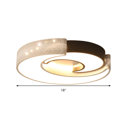 Contemporary 2-Moon Led Flush Ceiling Light For Kids Bedroom - Metal Acrylic Black & White