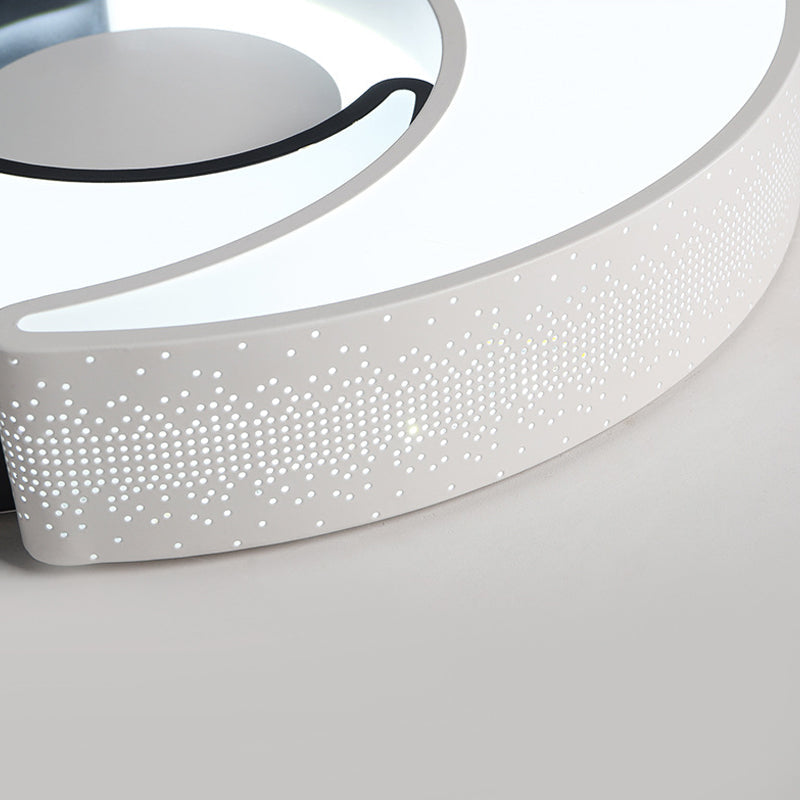 Contemporary 2-Moon Led Flush Ceiling Light For Kids Bedroom - Metal Acrylic Black & White