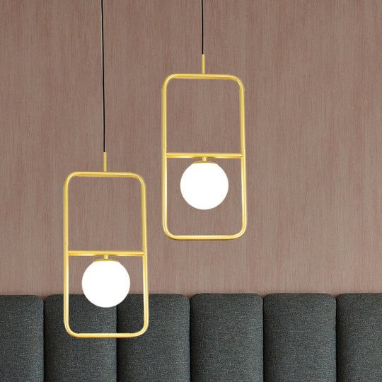 Rectangular Post Modernist Pendant Lamp With White Glass Globe And Gold Led Lights - 1/2 Light