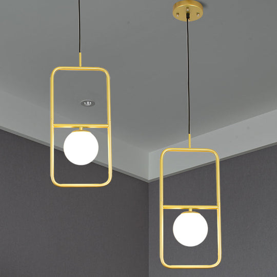 Rectangular Post Modernist Pendant Lamp With White Glass Globe And Gold Led Lights - 1/2 Light