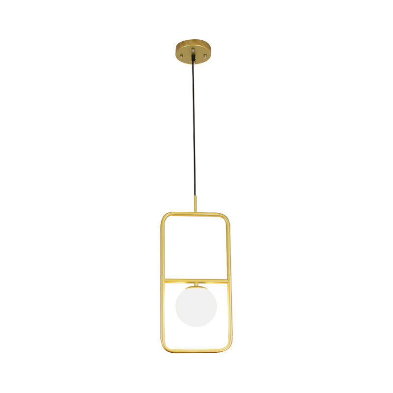 Rectangular Post Modernist Pendant Lamp With White Glass Globe And Gold Led Lights - 1/2 Light