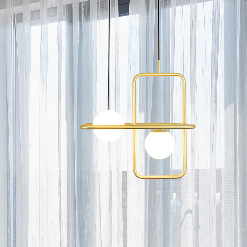 Rectangular Post Modernist Pendant Lamp With White Glass Globe And Gold Led Lights - 1/2 Light