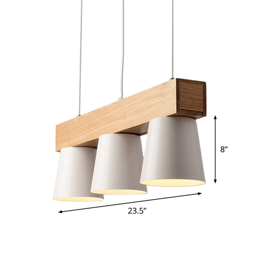 Nordic Metal 3-Head Conical Frustum Pendant Light - White Island Suspension Lamp With Wood Beam