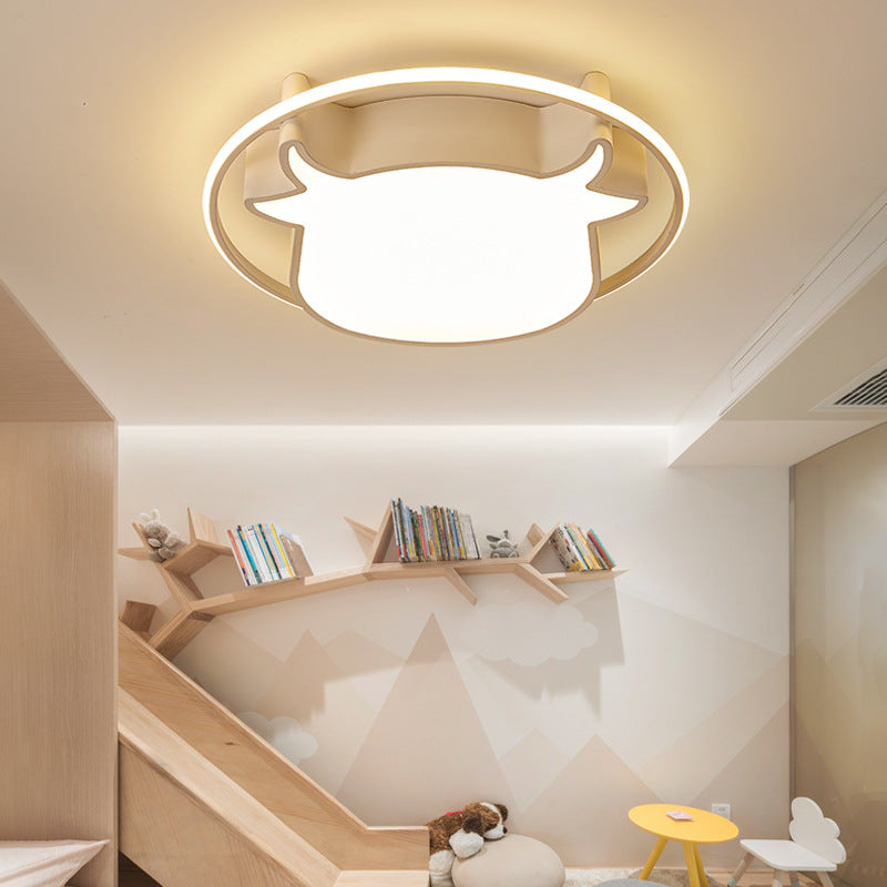 Animal-Inspired Ring Kid's Flush Ceiling Light: Eye-Caring Ox Head Acrylic Lamp