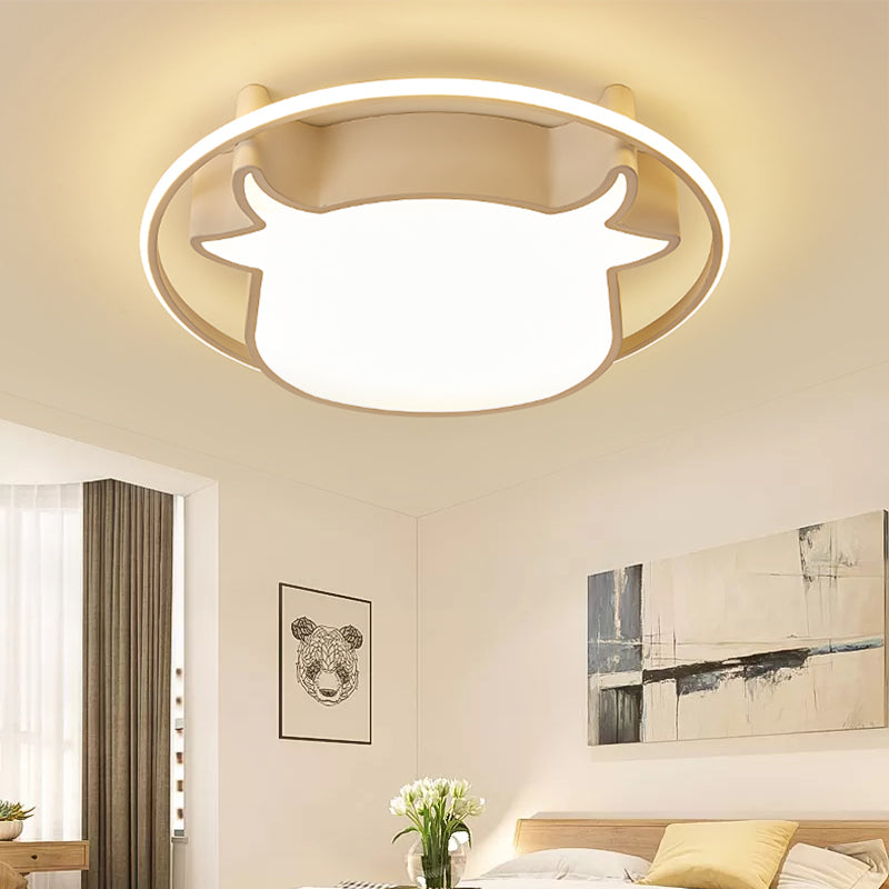 Animal-Inspired Ring Kid's Flush Ceiling Light: Eye-Caring Ox Head Acrylic Lamp