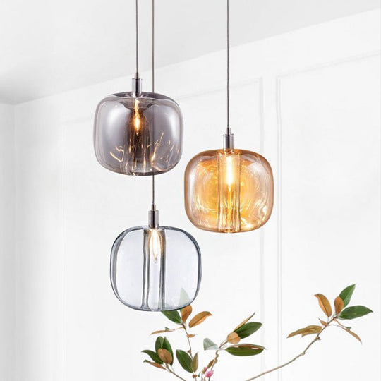 Modern Designer Drum Suspension Pendant - Mirrored Clear/Amber/Smoke Glass - 1 Light Hanging Lamp