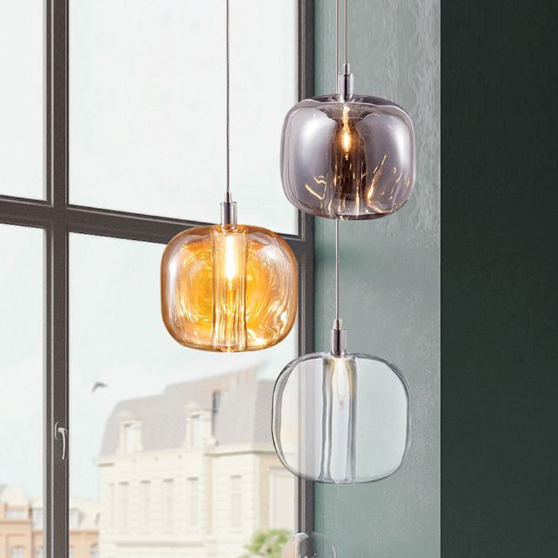Modern Designer Drum Suspension Pendant - Mirrored Clear/Amber/Smoke Glass - 1 Light Hanging Lamp