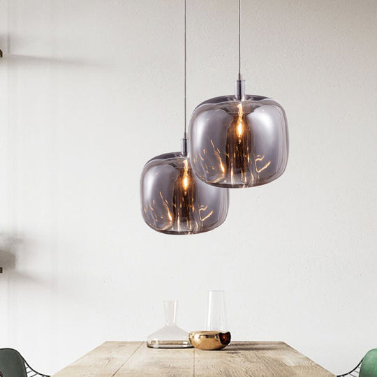 Modern Designer Drum Suspension Pendant - Mirrored Clear/Amber/Smoke Glass - 1 Light Hanging Lamp