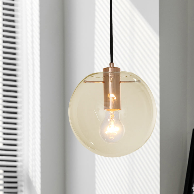 Contemporary Clear/Amber Glass Pendant Light In Rose Gold Finish