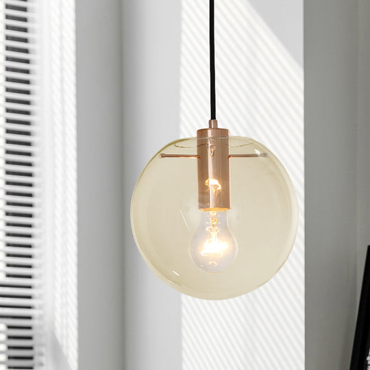 Contemporary Clear/Amber Glass Pendant Light In Rose Gold Finish