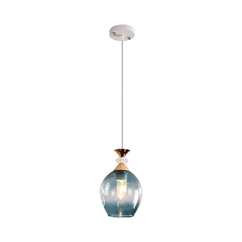 Sleek Cup-Shape Modern Pendant With Grey/Blue/Amber Dimpled Glass - 1 Light Hanging Fixture Blue