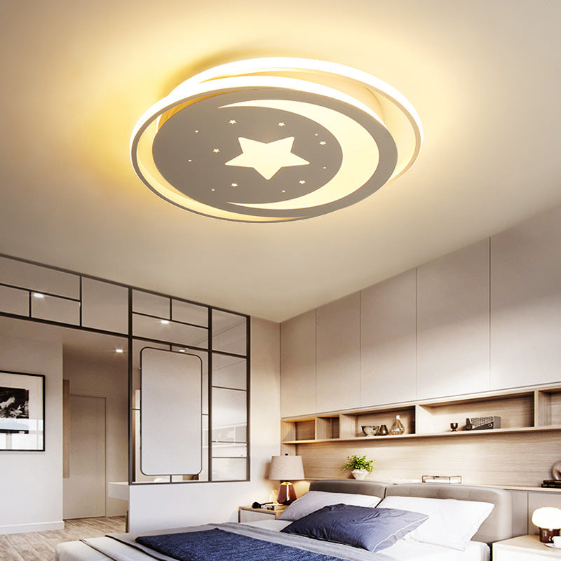 White Moon And Star Led Ceiling Lamp For Kids Bedroom - Child-Friendly Acrylic-Metal Flush Mount