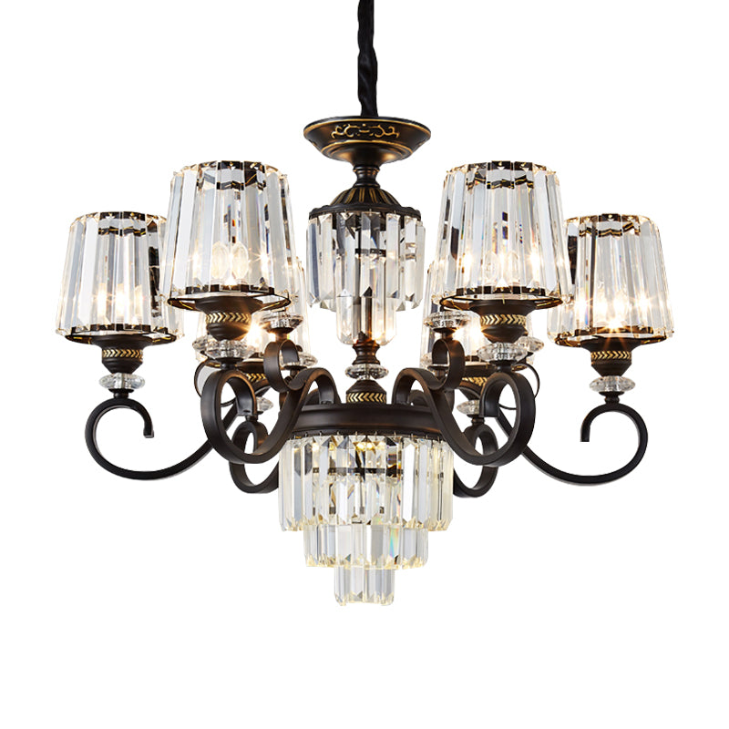 Minimalist 3-Tier Black Crystal Chandelier - 3/6 Lights with Conical Shade