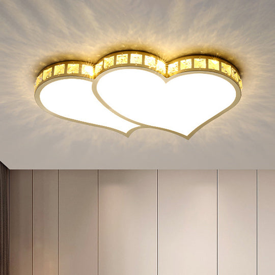 Heart Crystal LED Flush Lamp - Gold Ceiling Mount with Warm/White Light