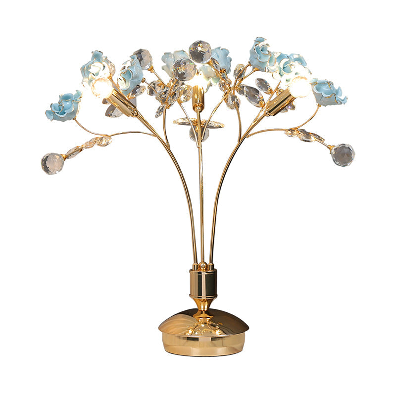 Gold Ball Desk Lamp With Crystal Faceted Shade And Ceramic Flower Design - Modern Nightstand Light