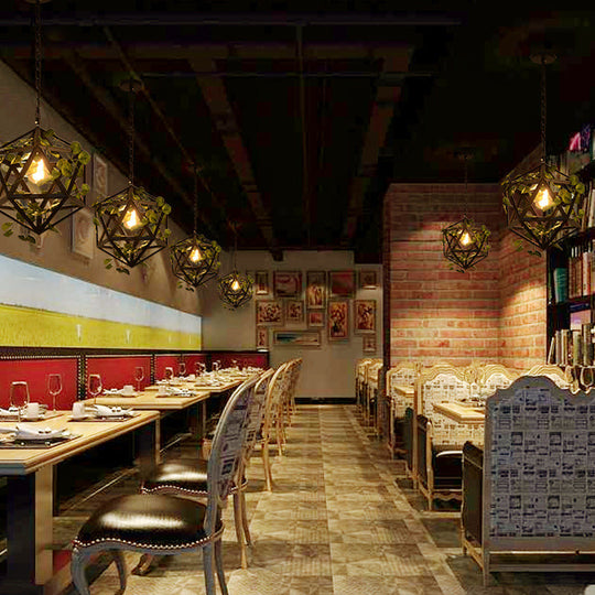 Suspension géométrique moderne en métal avec fausse vigne, idéale pour les restaurants, montage au plafond, finition noire