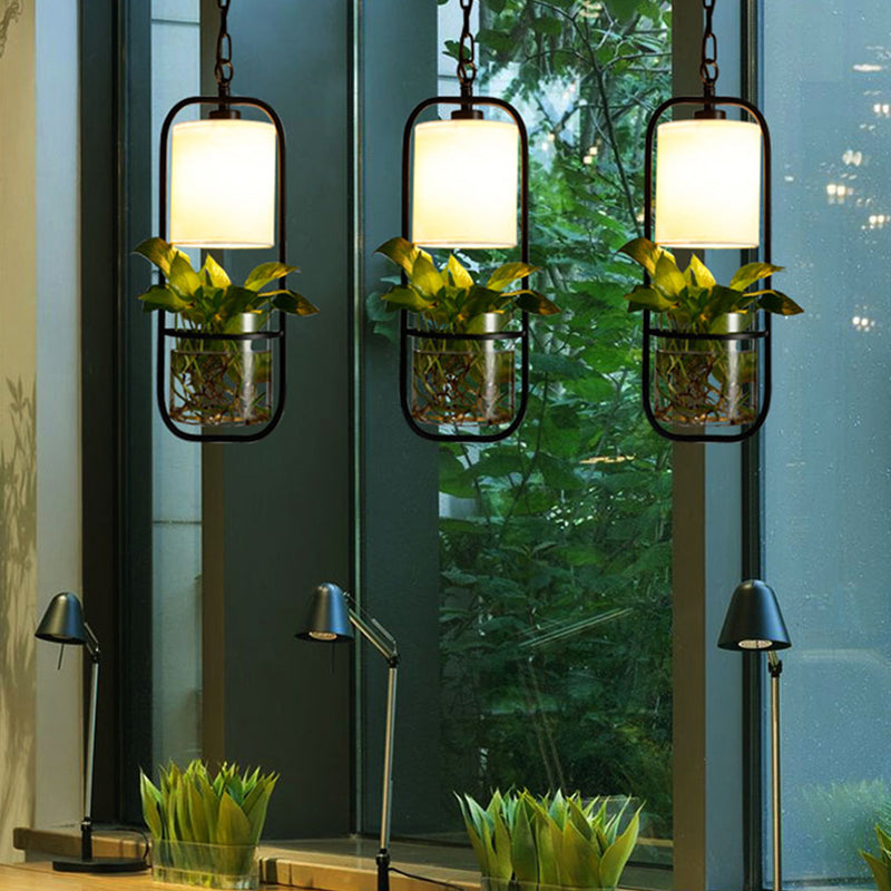 Luminaire suspendu rustique à LED en forme de cylindre, tissu noir/blanc/doré, lumière chaude/blanche avec pot de fleurs