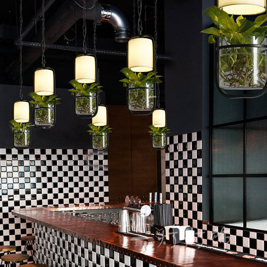 Luminaire suspendu rustique à LED en forme de cylindre, tissu noir/blanc/doré, lumière chaude/blanche avec pot de fleurs